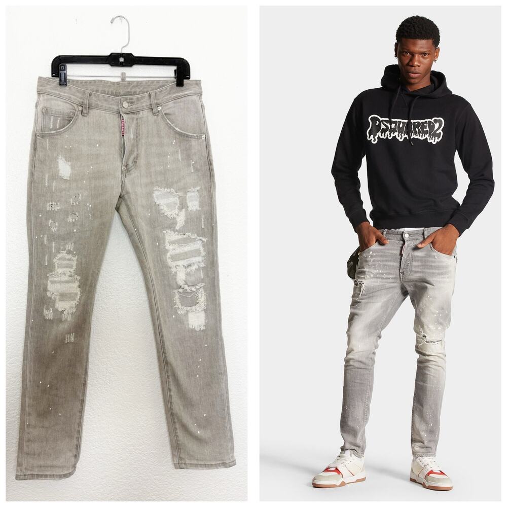 DSquared2 Men’s Grey Skater Jeans Size 50 Distressed Paint Splatter